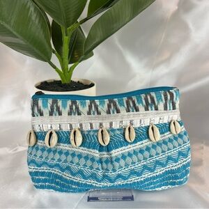 Boho Turquoise Shell Tassel Clutch Handmade Beach Makeup Pouch Zipper Bag